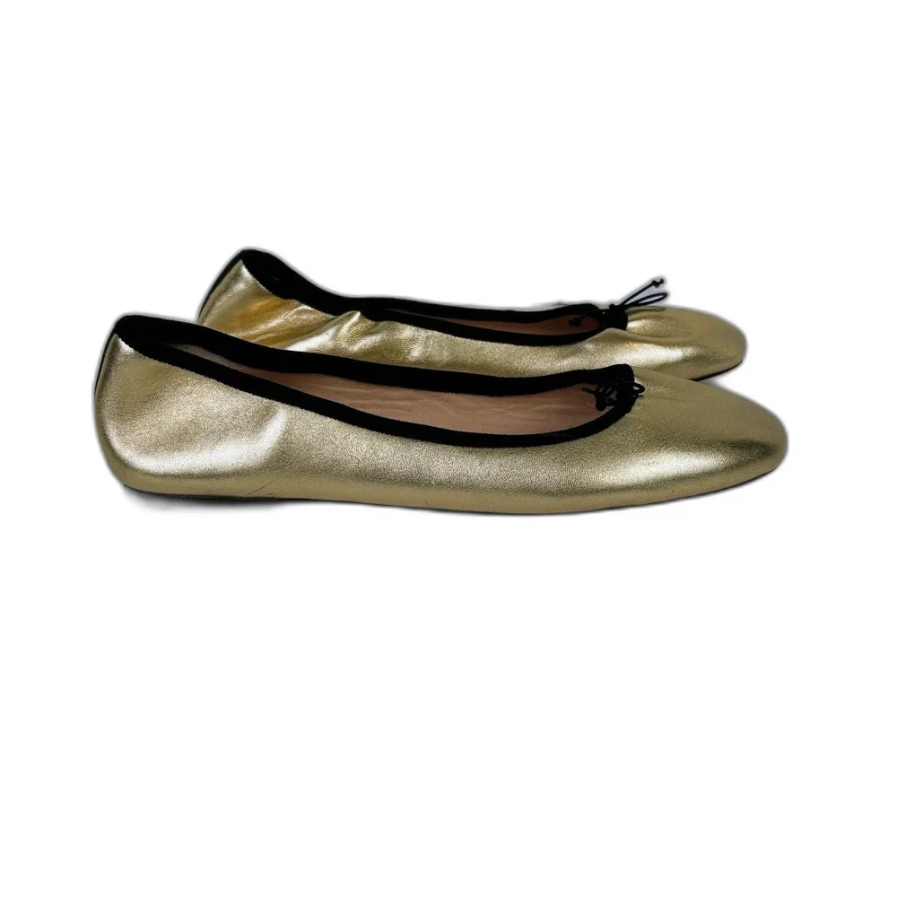 J. Crew Elvie Gold Metallic Ballet Flats Leather Almond Toe Shoes Black Trim 7.5